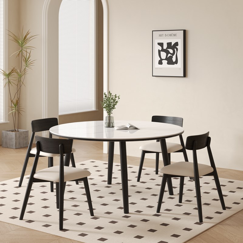现代简约黑色f岩板实木圆形餐桌椅组合家用小户型餐厅网红吃饭圆