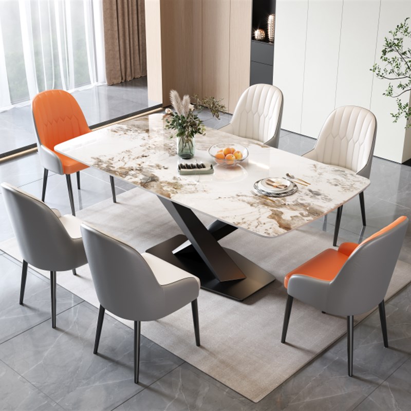 岩板实木餐桌组合现代简约椭z圆形家用小户型长方形饭桌椅子