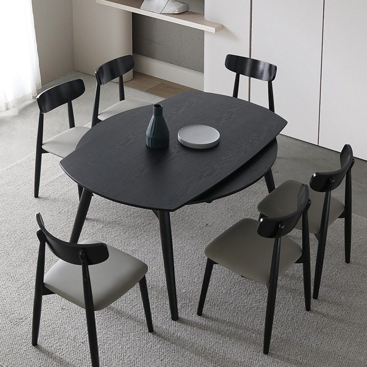 圆形全实木餐桌椅小户型饭桌方桌可变圆桌子黑色伸缩圆桌意式极简