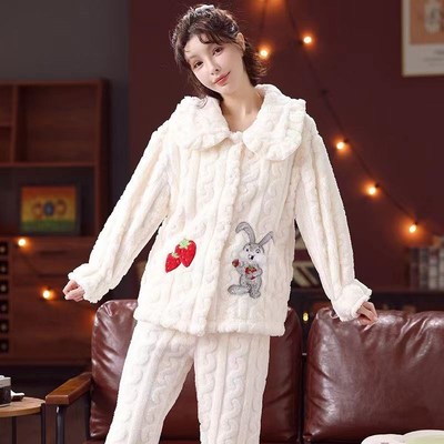 冬季新款睡衣女加绒加厚可爱兔子翻领开衫珊瑚绒家居服可外穿套装