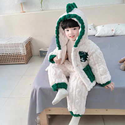 儿童睡衣男童冬季冬款加厚夹棉三层恐龙宝宝男生珊瑚绒家居服外穿