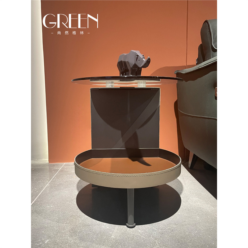 轻奢后现代客厅沙发边几艺术设计家具简约高级感马鞍皮角几小圆几