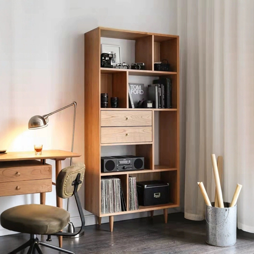 北欧实木落地展示书柜日式简约白蜡木置物架展示柜办公室书房书架