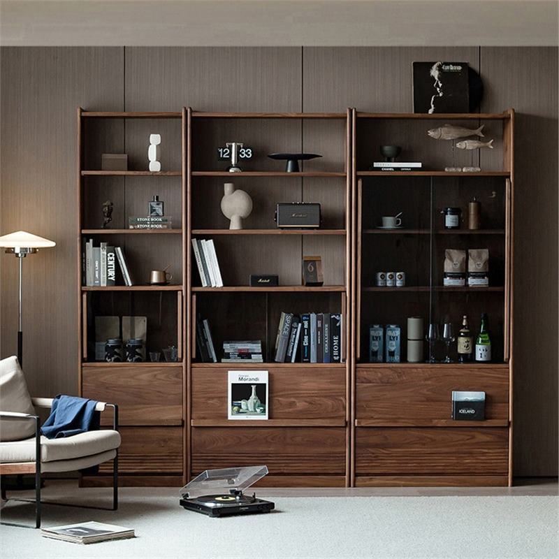 北美黑胡桃木实木书柜现代简约樱桃木客厅整墙组合柜落地书橱书架