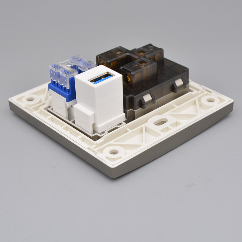 深灰色六类网络USB数据接口带五孔电源插座5孔加千兆电脑网线面板