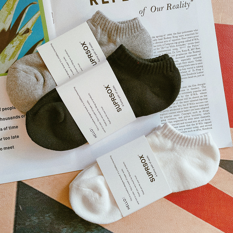 3双白黑色袜子纯棉男女夏季短袜INS薄款纯色船袜毛巾底透气运动袜