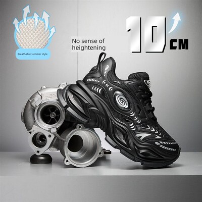 Dvo黑色爸爸鞋夏季同款男女10cm隐形内增高网透气厚底休闲鞋