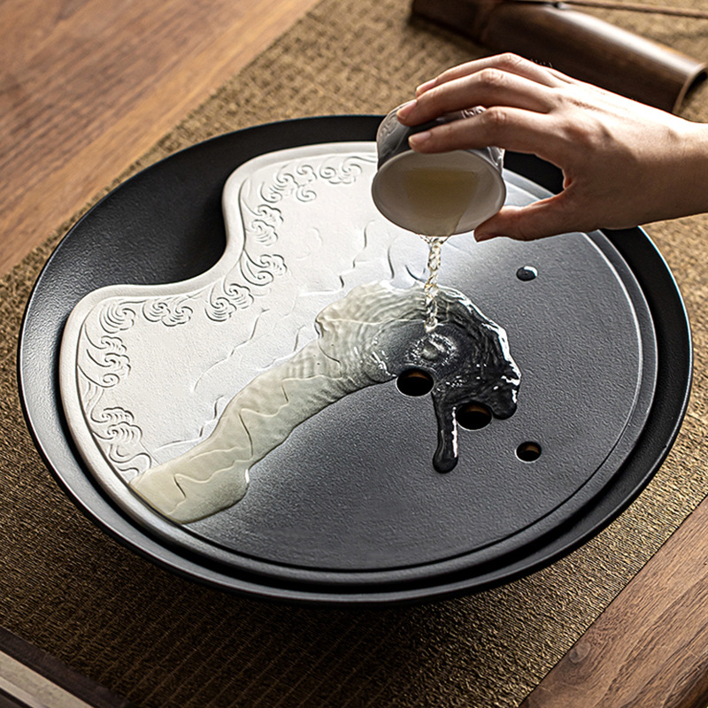 陶瓷大号干泡盘复古圆形储水茶海茶盘日式粗陶家用茶托盘沥水茶台