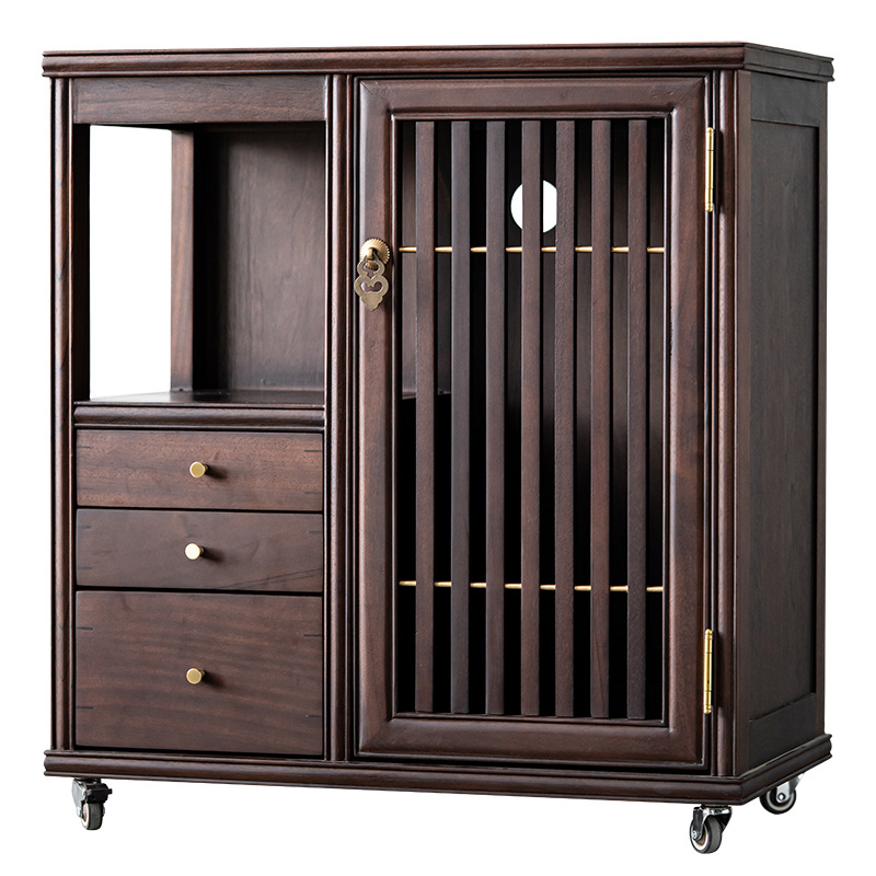 茶具胡桃木收纳柜茶柜架子置物架展示架简约防尘开门式茶柜茶边柜