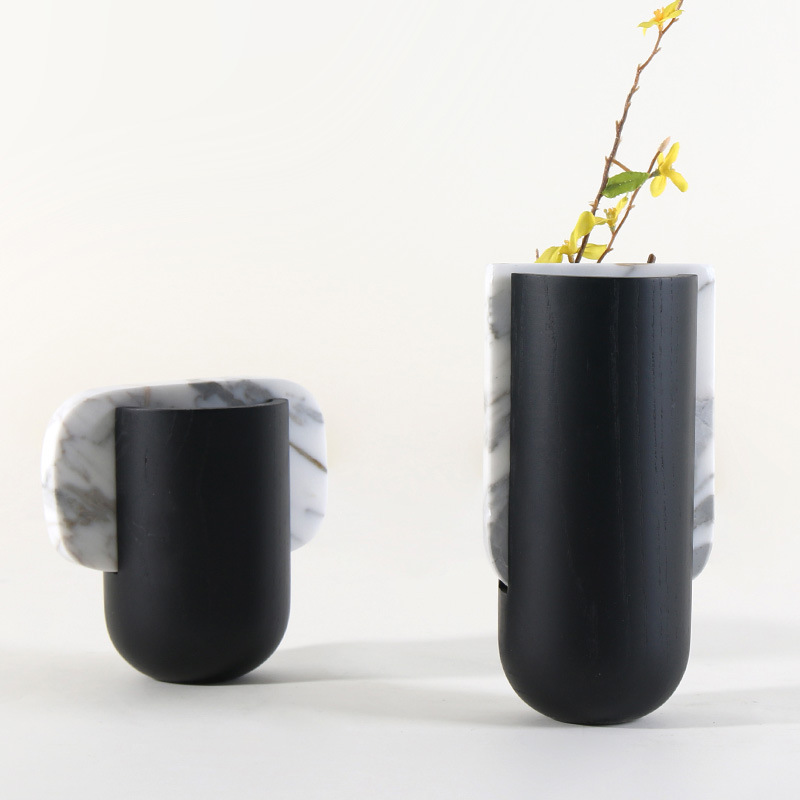 现代田园风创意黑色木质插干花花瓶样板房软装装饰品花器摆件