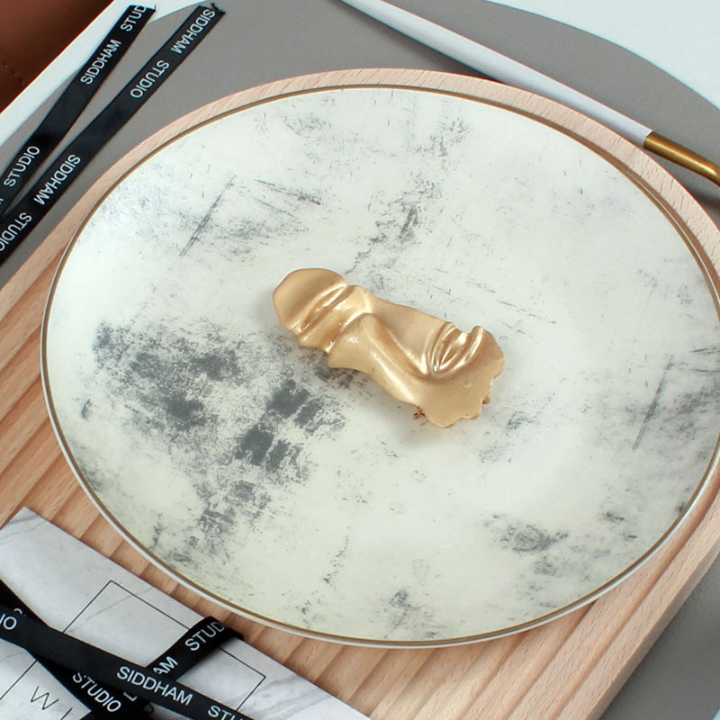 8寸花墨盘配相思木拱形盘轻奢样板间餐具套装软装摆台新中式田园