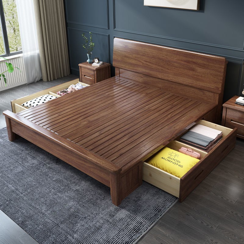 北欧全实木床1.8米轻奢原木储物大床 1.5米1.2米抽屉床胡桃木主卧
