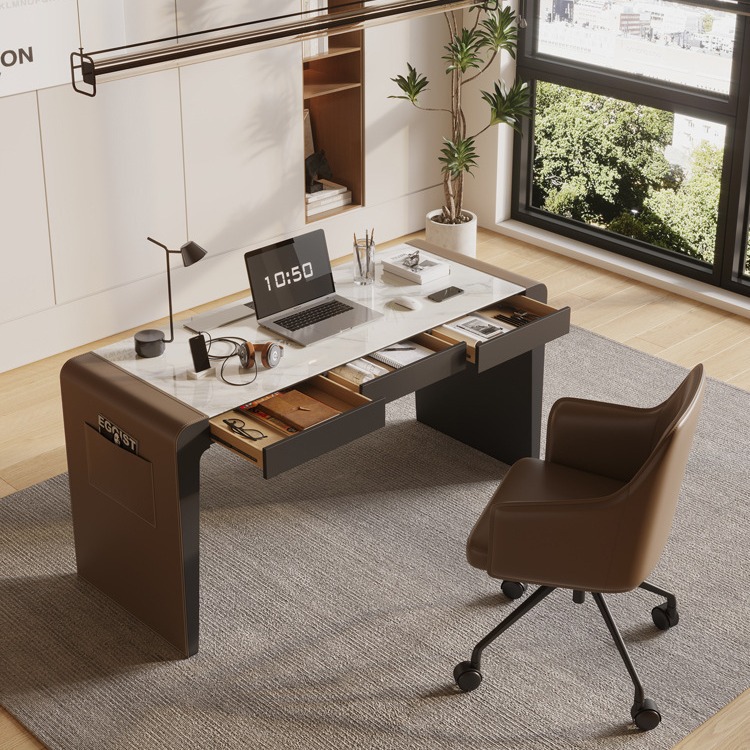 意式极简岩板书桌设计师马鞍皮电脑桌轻奢现代简约家用书房办公桌
