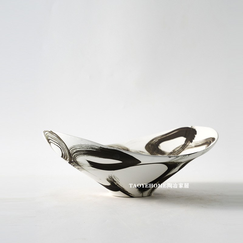 中式手绘陶瓷果盘花瓶客厅样板房花器软装饰品玄关餐桌售楼处摆件