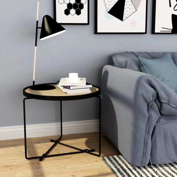 北欧圆形茶几小户型边几胡桃矮圆桌复古铁艺沙发角几实木会客小桌