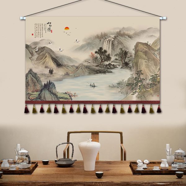 中式水墨山水挂画布艺卧室床头装饰画沙发背景墙挂毯茶室挂布定制图片