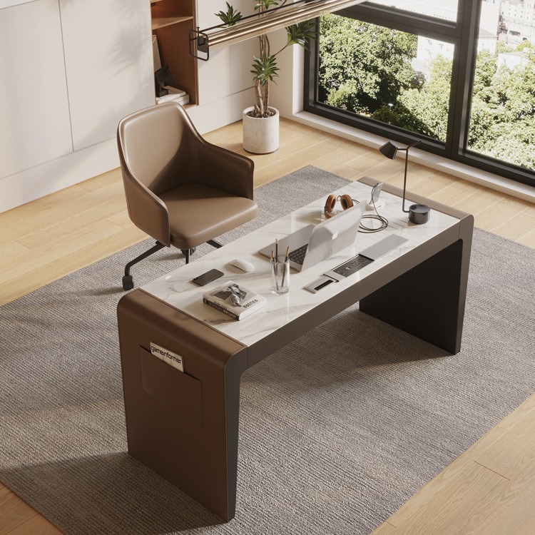 意式极简岩板书桌设计师马鞍皮电脑桌轻奢现代简约家用书房办公桌
