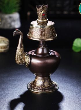 藏式铜供水壶贲巴壶奔巴净水壶文巴壶宝瓶家居供奉手工雕花摆件
