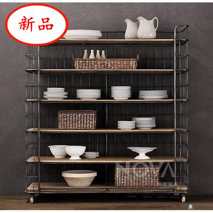 美式复古做旧实木铁艺收纳架厨房置物架储物架陈列架落地靠墙书架