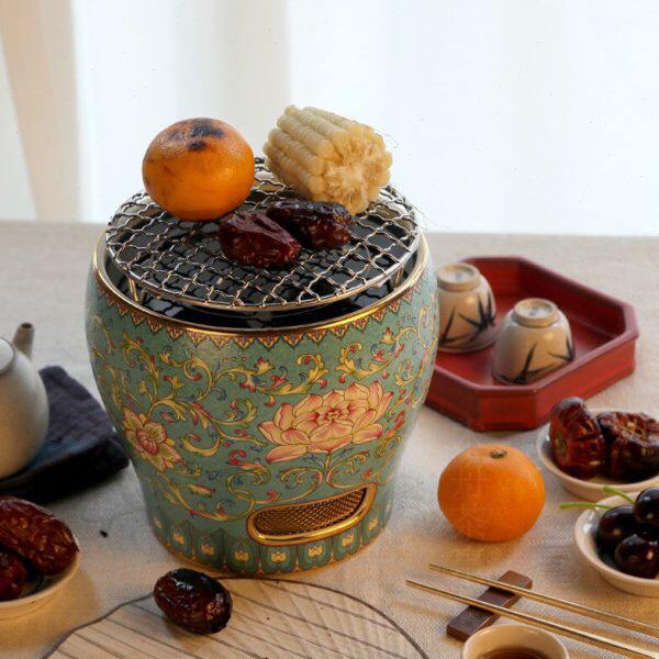 莺歌烧 莲花纹蓝色珐琅彩电陶炉家用办公静音围炉煮茶蒸茶电陶炉