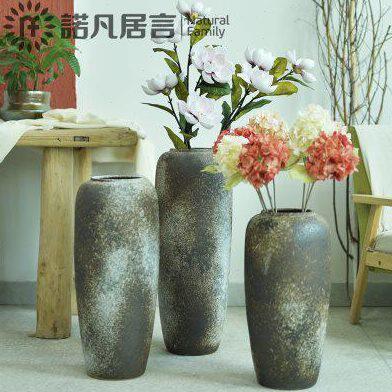 复古现代简约落地花瓶手工粗陶罐白色淡纹花器客厅土陶仿旧大花盆