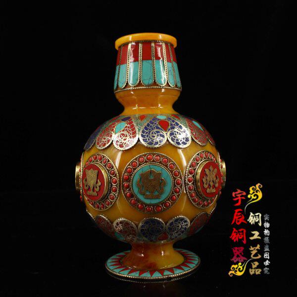 古玩收藏老蜜蜡镶宝石绿松石花瓶家居装饰工艺品蜜蜡花瓶玄关摆件