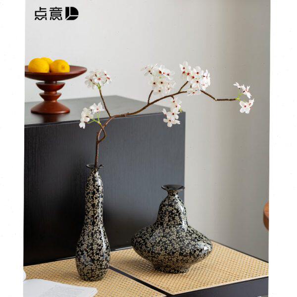 法式陶瓷花瓶黑白撞色碎花艺术摆件客厅玄关店面装饰小口径插干枝