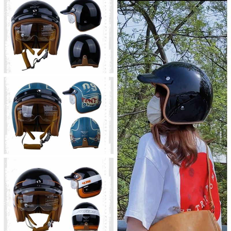 复古机车头盔四分之三盔摩托车头盔男女电动M车半盔内置风镜骑行