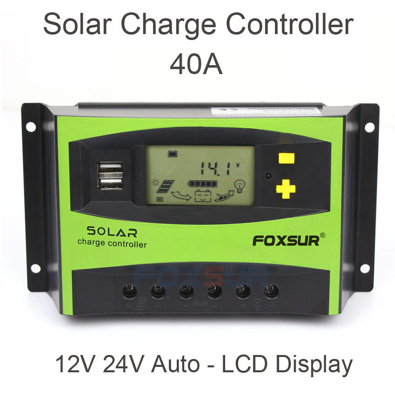 FOXSUR Solar Charge Controller 40A PWM 12V 24V Auto LCD