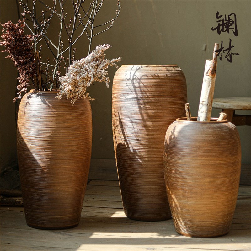 陶瓷落地c花瓶大号复古客厅插干花干枝粗陶陶罐民宿酒店装饰品摆