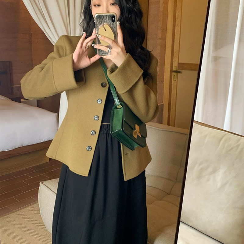 任小艺收腰显瘦双面尼t羊毛大衣女短款气质小个子毛呢外套