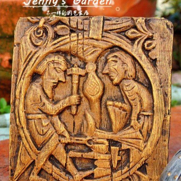 北欧复古仿木雕摆件 维京王国装饰 铁匠之心 花园壁挂板 古典花园