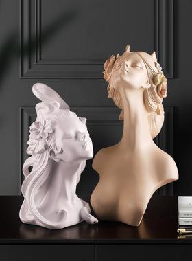 花发女孩北欧雕塑摆件树脂雕像艺术头像酒柜家居饰品客厅软装饰品