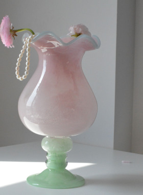 中古粉色法式复古高脚铃兰风灯花瓶中古琉璃高级玻璃花器插花摆件