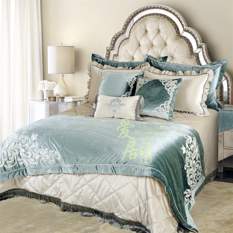 欧式奢华家纺床j上用品水蓝色样板房床品法式新古典绣花床品多件