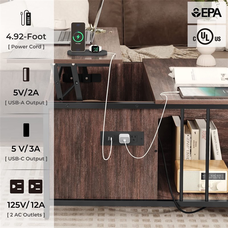 便携式升降式咖啡桌带隐藏式储物柜隔层储物携P带USB插座端口插座