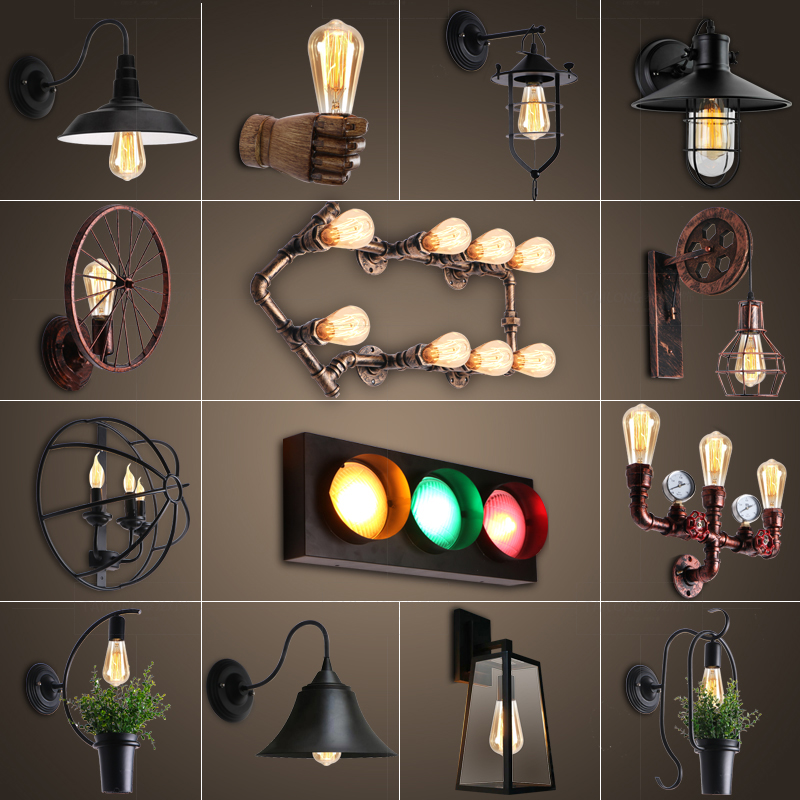 loft复古怀旧工业风壁s灯个性酒吧过道铁艺水管装饰创意壁灯红绿