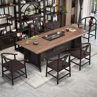 乌金木新中式茶桌椅组合办公全实木茶台一桌五椅实木功夫家用茶几