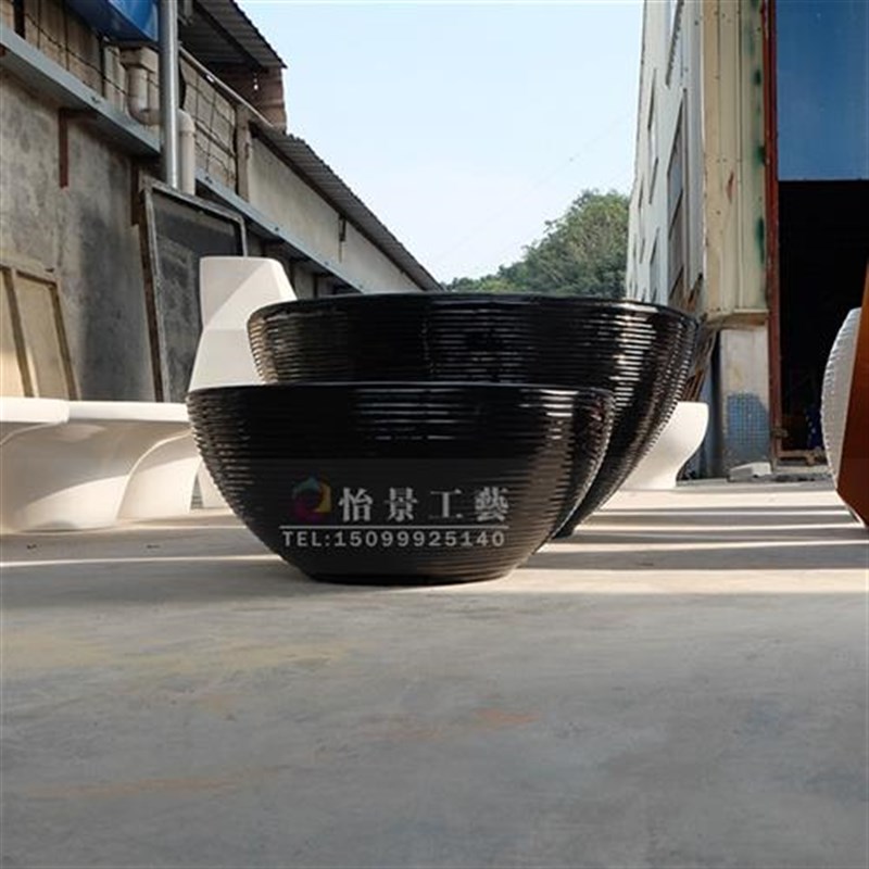 玻璃钢黑色圆形螺纹花盆商场酒店机场地铁大型景V观落地组合花钵