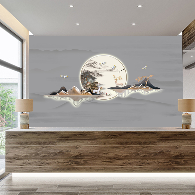新中式3d立体墙纸现代简约山水风景客厅电视背Q景墙壁纸墙布画壁