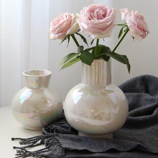 轻奢创意幻彩白珠光陶瓷花瓶客厅插花摆件网红高级感花器2021新款