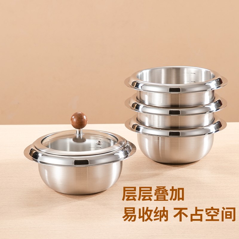 韩式304不锈钢拌饭锅泡面 面碗可加热C家用商用拌饭拌面 面带盖子