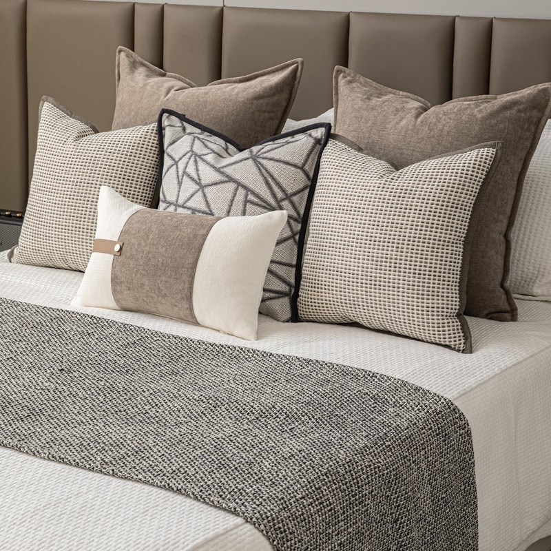 新中式卧b室软装床品套件米咖色棉麻搭毯床尾巾床头靠枕民宿