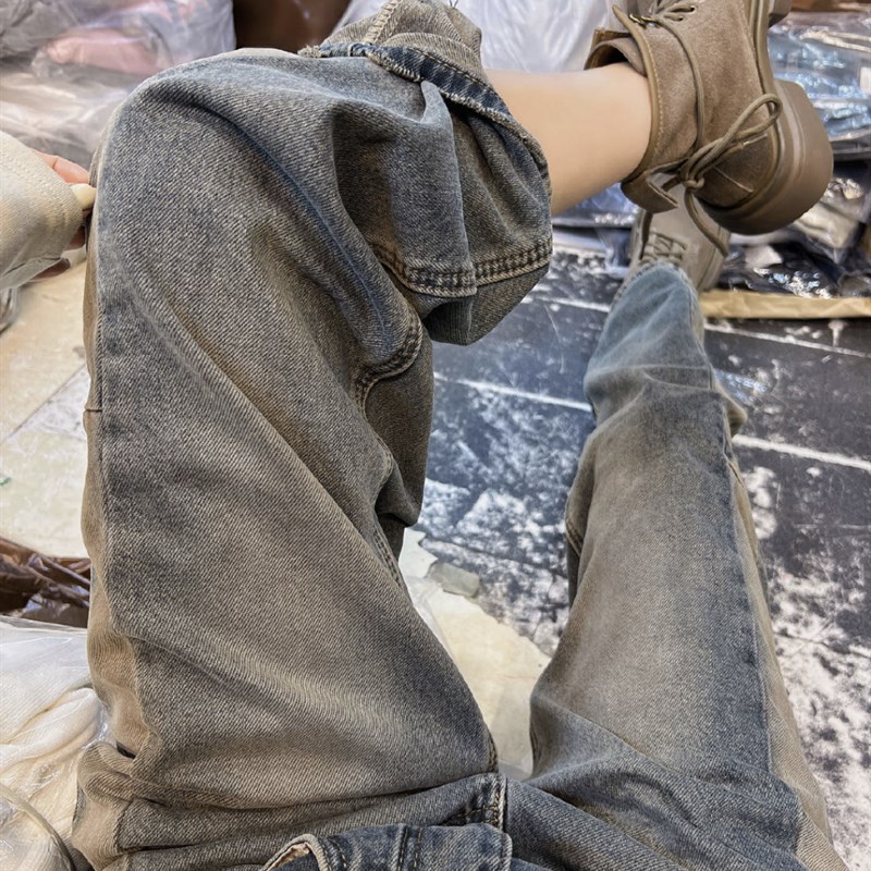 欧货复古加绒冬季拼接弯刀牛仔z裤冷茶色洋气休闲宽松直筒拖地裤