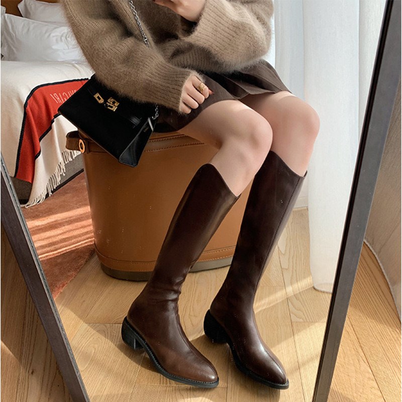 v口长靴女d尖头小个子150不过膝高跟西部牛仔靴子高筒长筒骑士靴