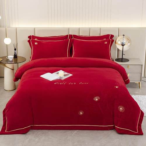 婚庆牛奶绒四件套大红加厚珊瑚绒法兰绒床单冬天双面加绒毛绒被套