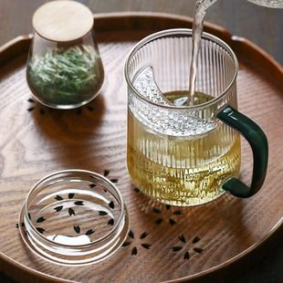 玻璃月牙过滤茶杯家用耐热泡茶杯子办公水杯带盖杯加厚 戏陶日式