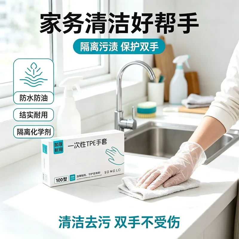 餐饮专用一次性手套食品级TPE塑料加厚透明家用耐磨薄膜盒装卫生