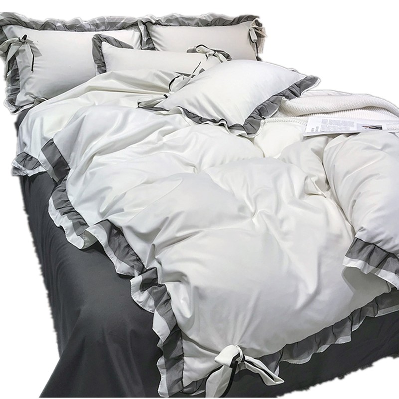 韩式网红少女可爱花边被罩床上四件套灰色床单P纯色床笠款三件套