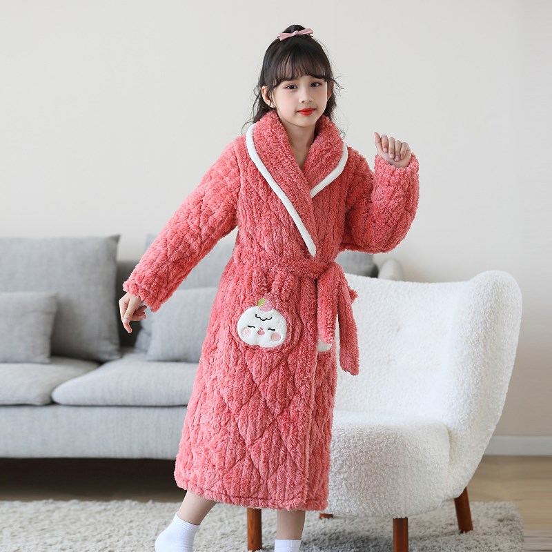 噜噜牛2023i冬季女童睡袍法兰绒三层夹棉加厚款儿童睡衣中大童浴